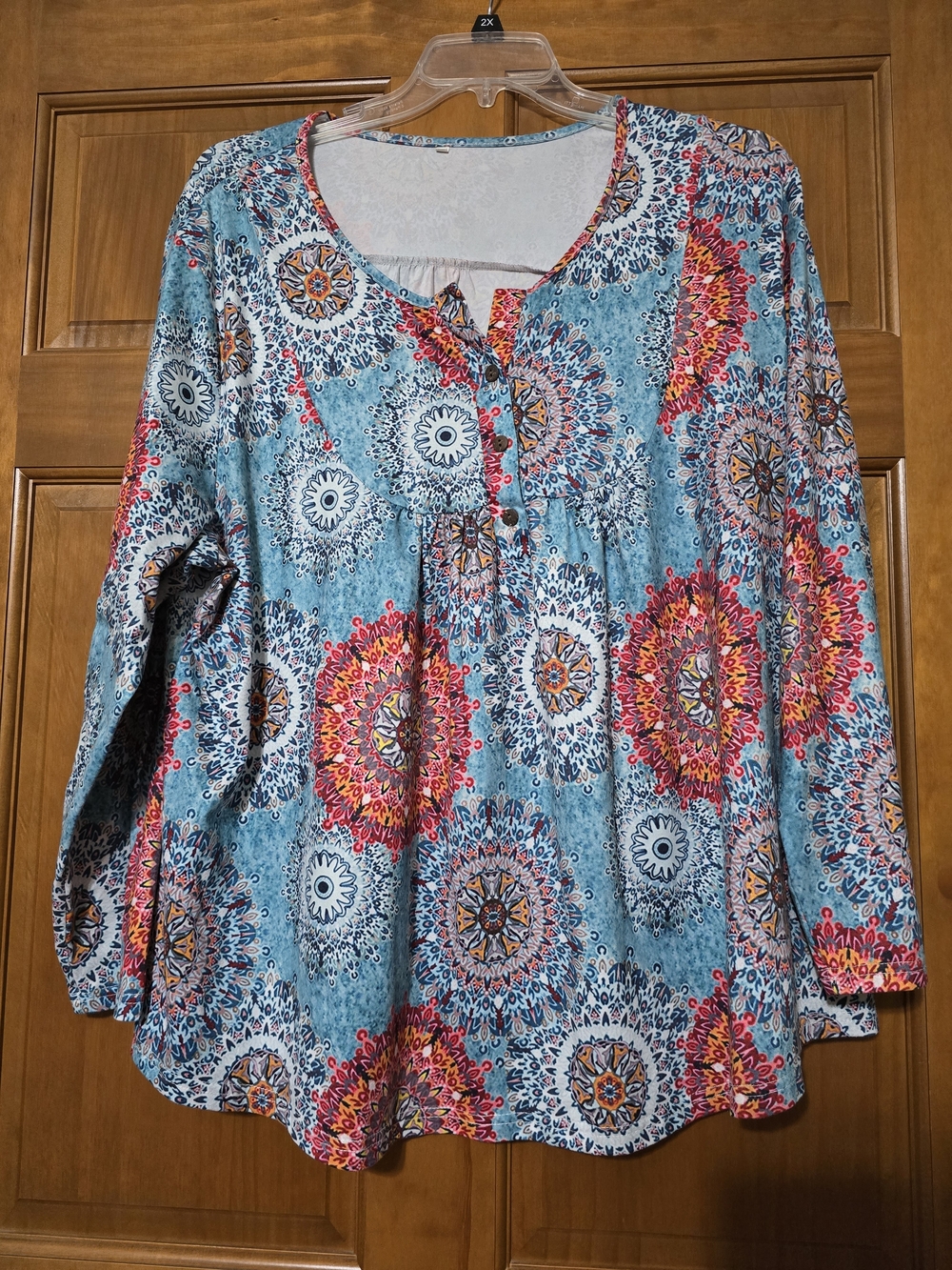 Blue Floral Medallion Long-Sleeve Women's Top